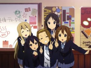 From left to right: Mugi, Azusa, Ritsu, Mio, and Yui